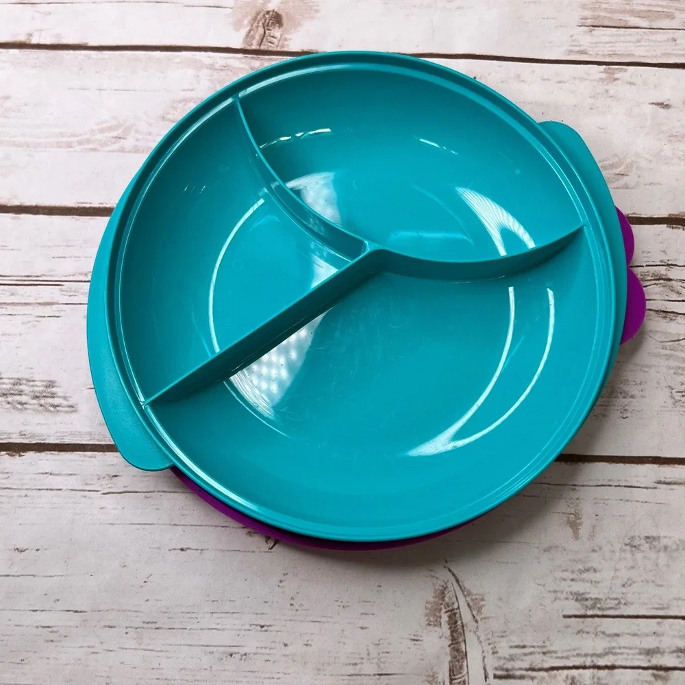 Tupperware Divided Plate Teal Blue Purple 3 Compartment Lid 8.5 Inch